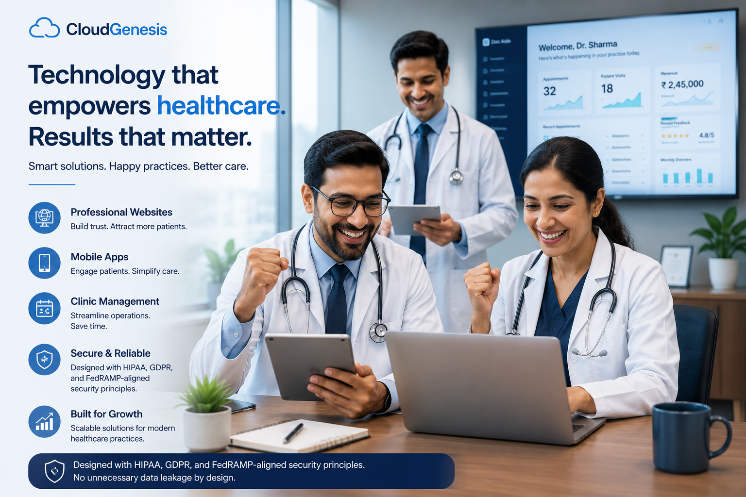 CloudGenesis healthcare platform banner highlighting digital solutions for doctors and clinics.