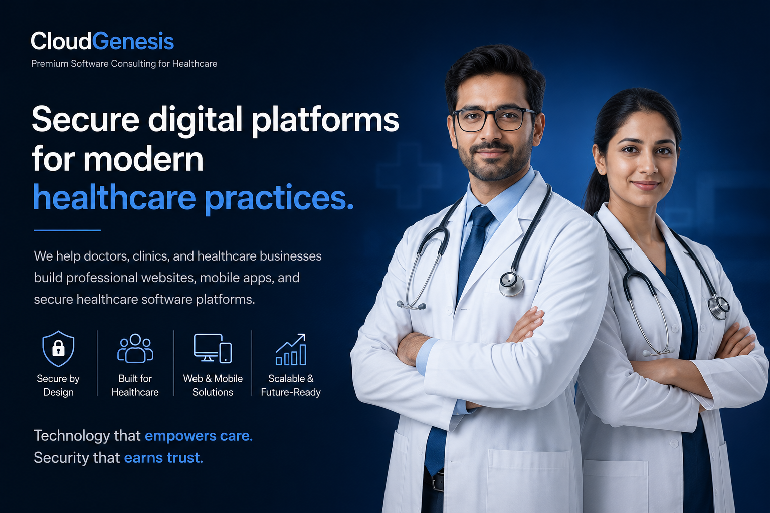 CloudGenesis healthcare app and web platform banner for modern medical practices.