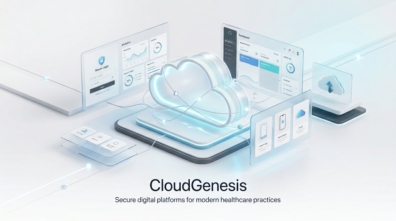 CloudGenesis healthcare technology banner for secure digital platforms and modern medical practices.