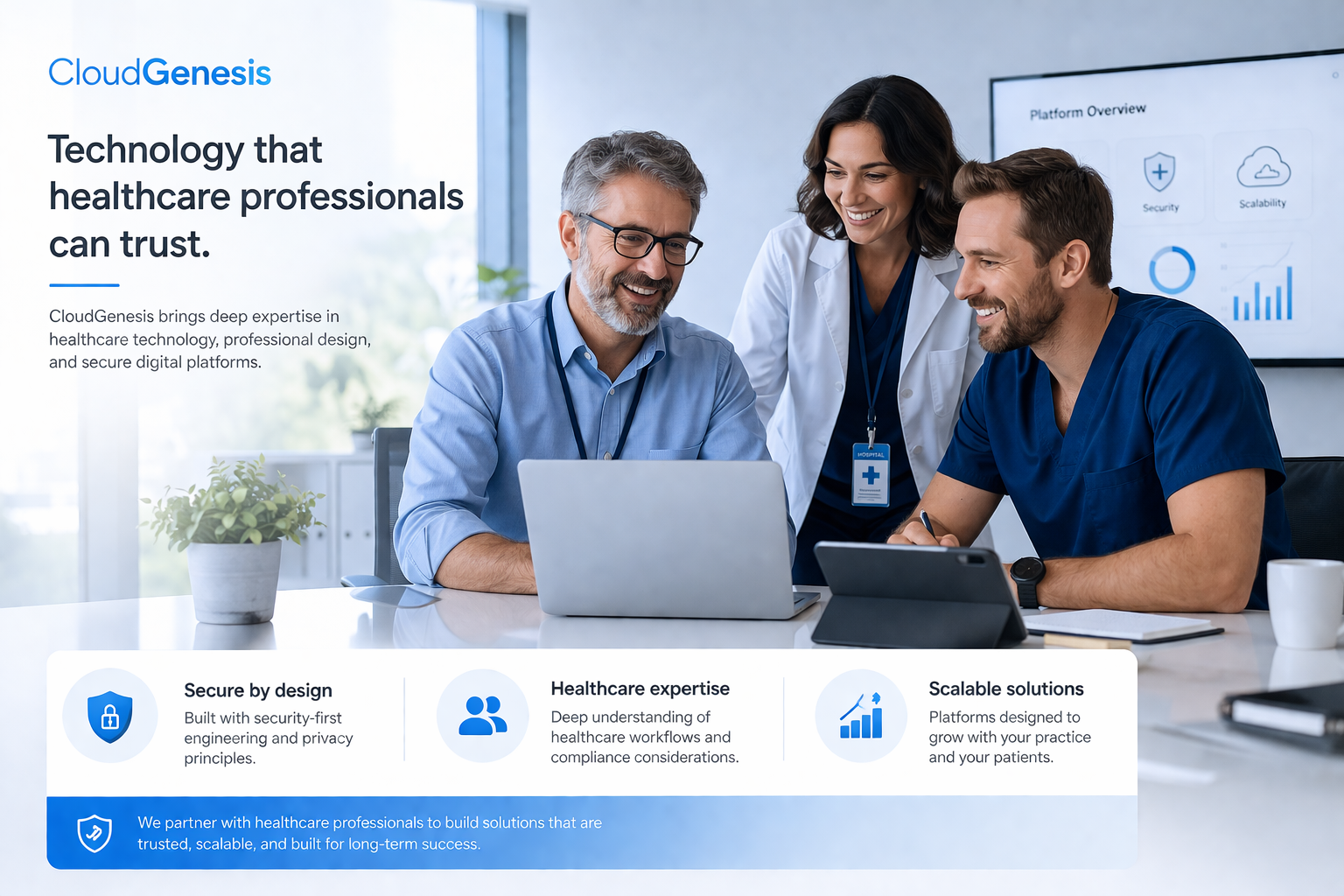 CloudGenesis team and healthcare technology visual for the About Us page.