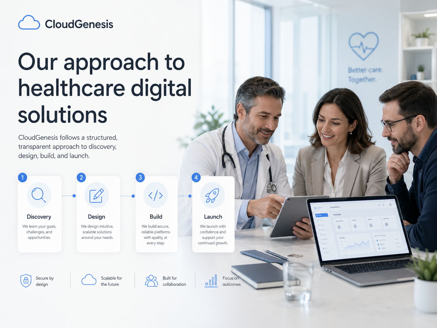 Healthcare professionals collaborating on a digital care platform.